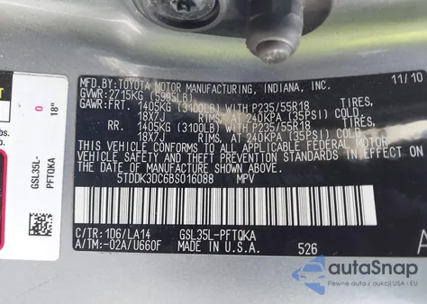 2011 Toyota Sienna Limited from USA, damaged, VIN 5TDDK3DC6BS016088